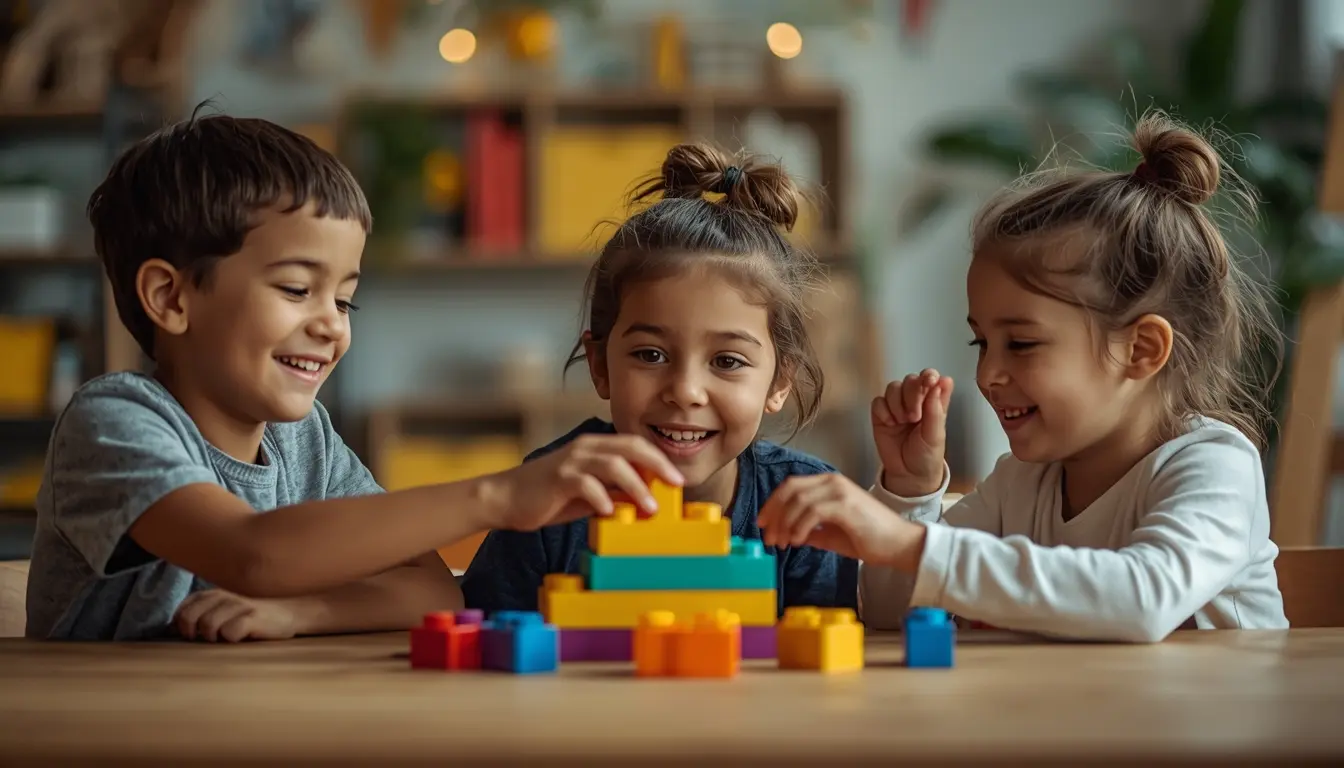 Crianças brincando com blocos de montar educativos de encaixe coloridos, desenvolvendo criatividade e coordenação motora