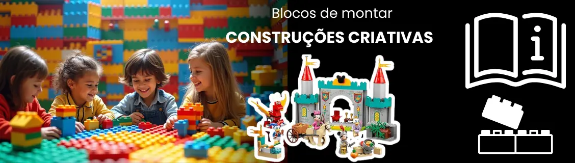 Criança montando blocos de encaixe com peças médias e coloridas
