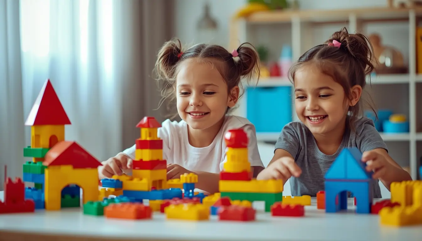 Crianças brincando com blocos de montar coloridos e criativos
