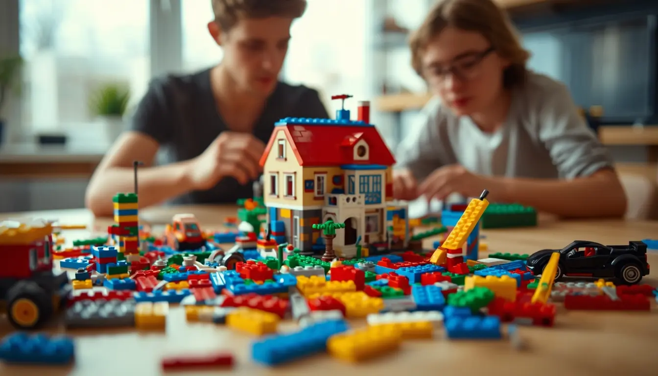 Crianças brincando com blocos de montar LEGO coloridos espalhados no chão