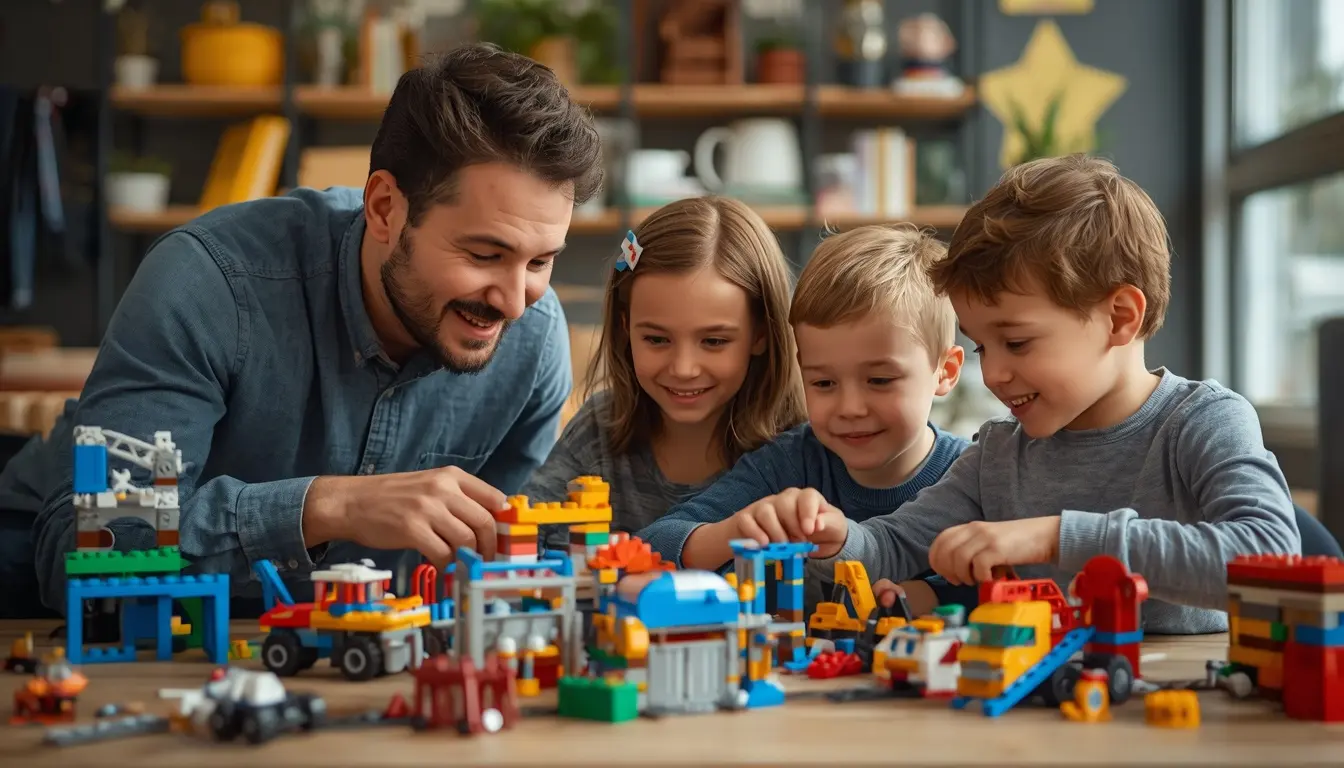 Pai e filhos montando blocos de encaixar LEGO com ótimo custo-benefício