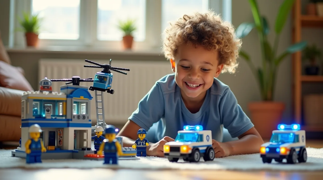 Menino brincando com blocos de montar LEGO City Police