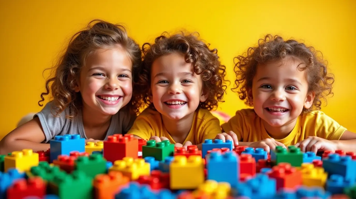 Crianças felizes brincando com blocos de montar indicado para 3 anos de idade