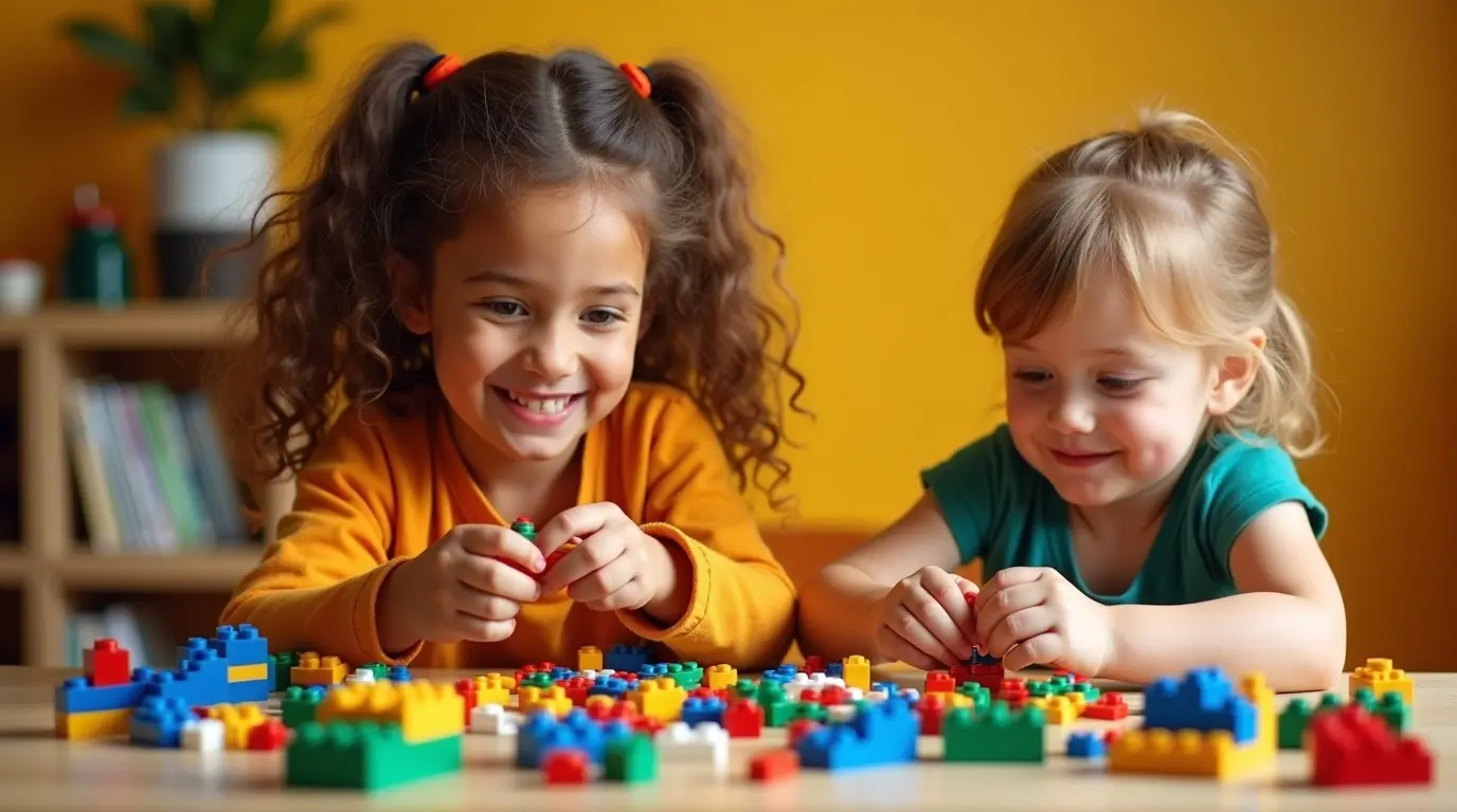 Crianças brincando felizes com blocos de montar LEGO coloridos