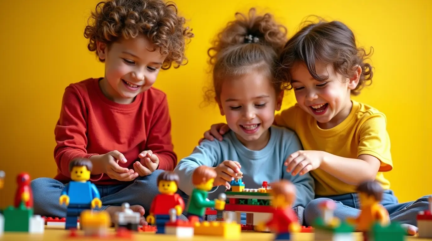 Crianças brincando com blocos de montar LEGO coloridos e divertidos