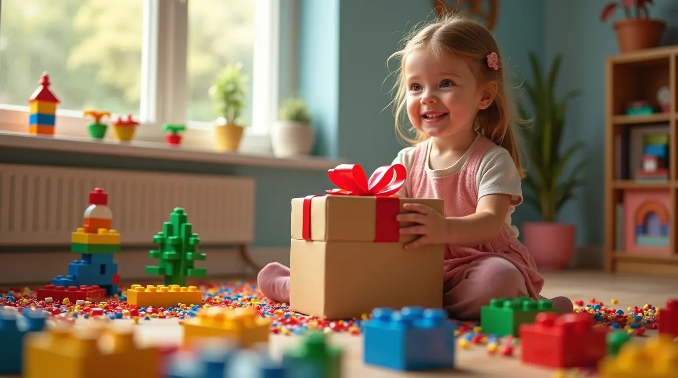 Menina brincando com blocos de montar LEGO com presente nas mãos