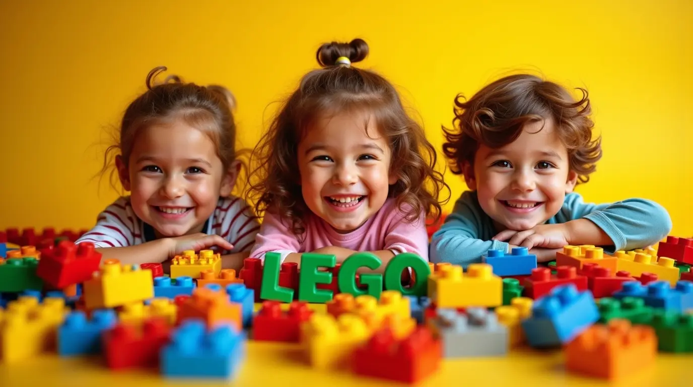 Crianças sorrindo com vários blocos de montar LEGO coloridos na mesa