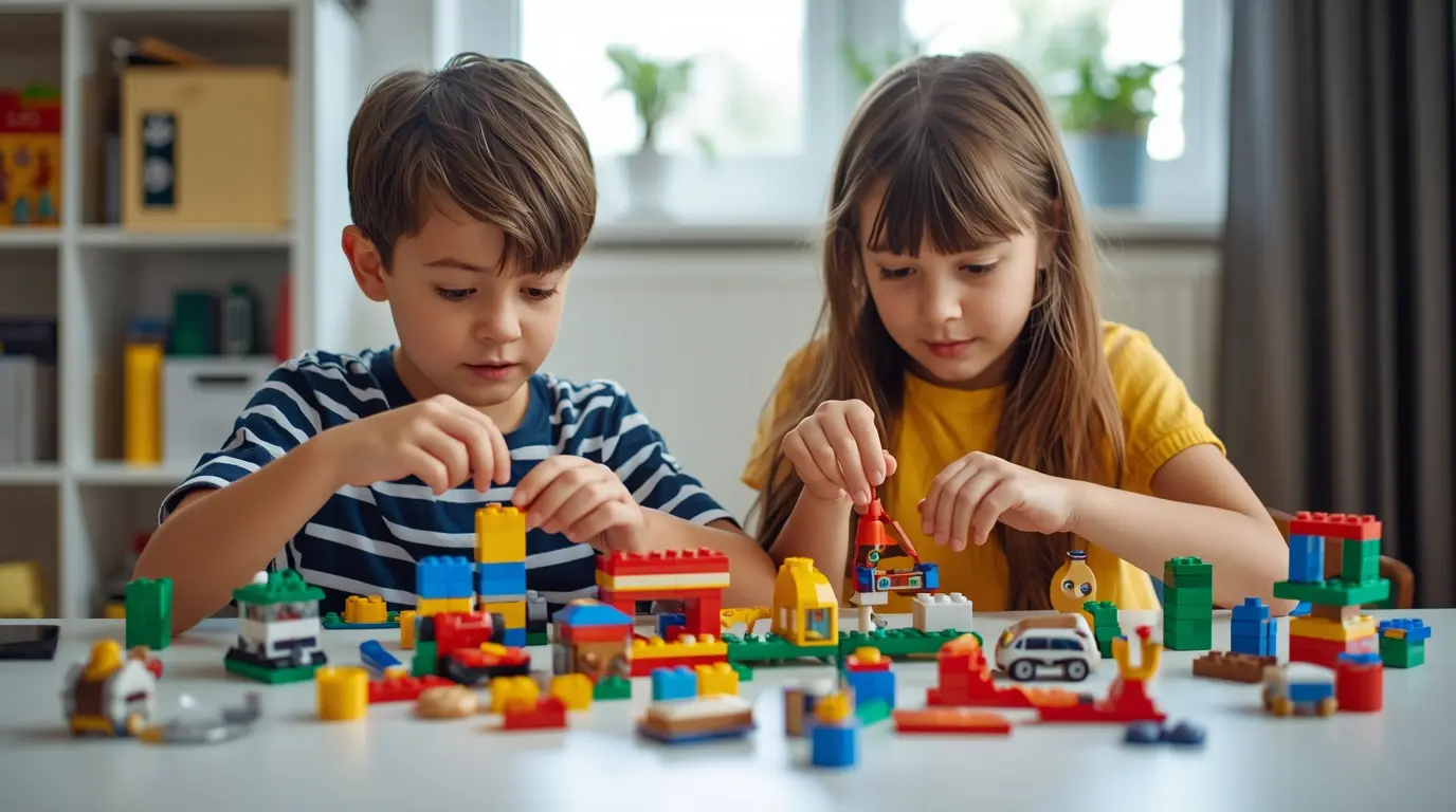 Crianças de 4 anos montando blocos de encaixe LEGO coloridos