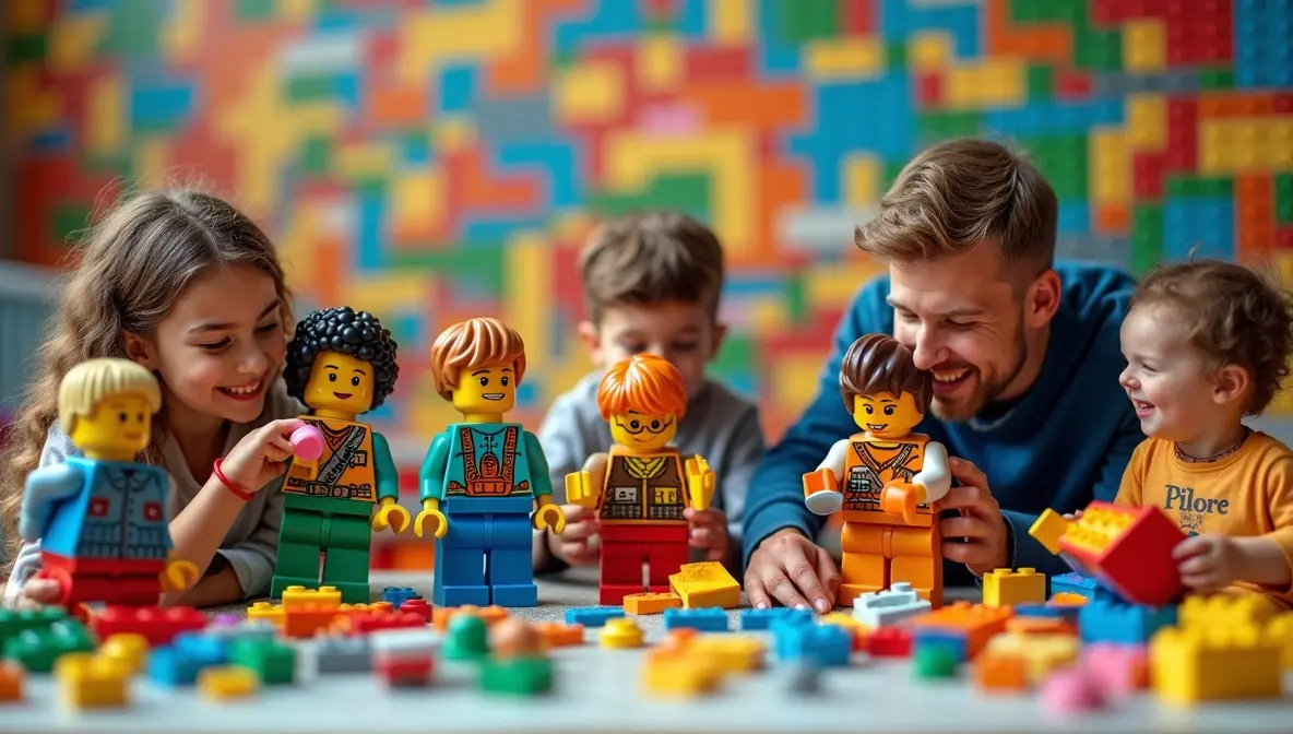Pais e filhos brincando com blocos de montar LEGO