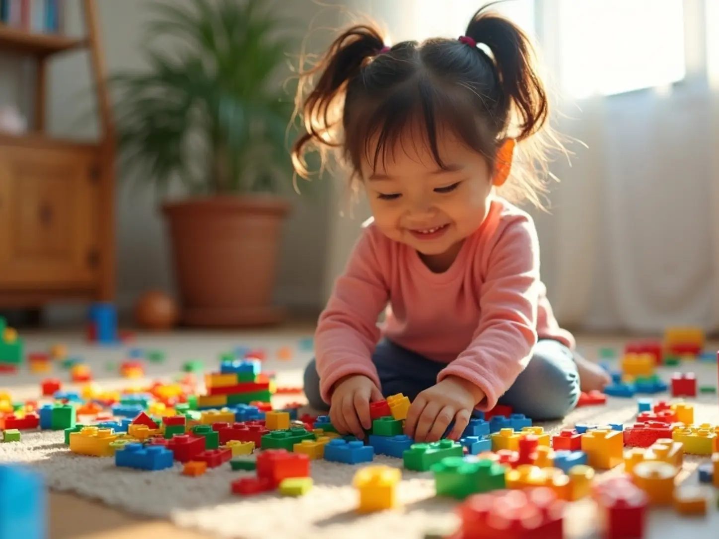 Menina brincando com blocos de montar de encaixe coloridos