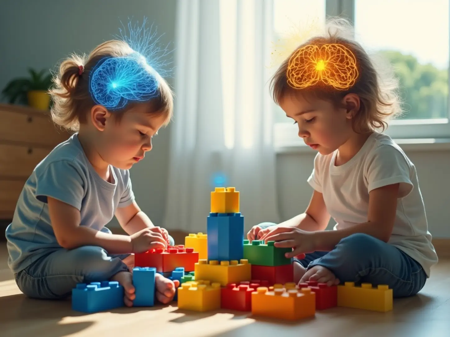 Crianças brincando com blocos de montar de encaixe.