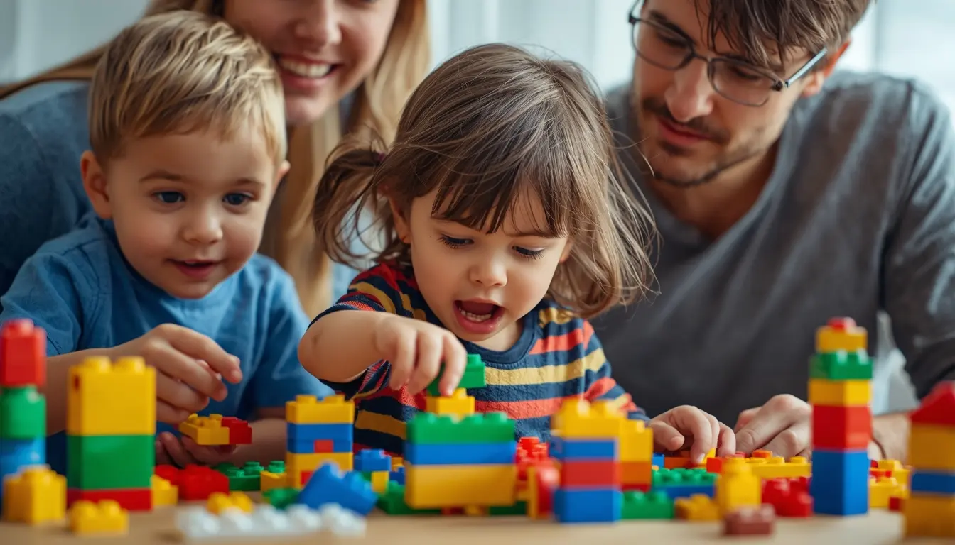 Crianças brincando com blocos de montar LEGO DUPLO sob a supervisão dos pais