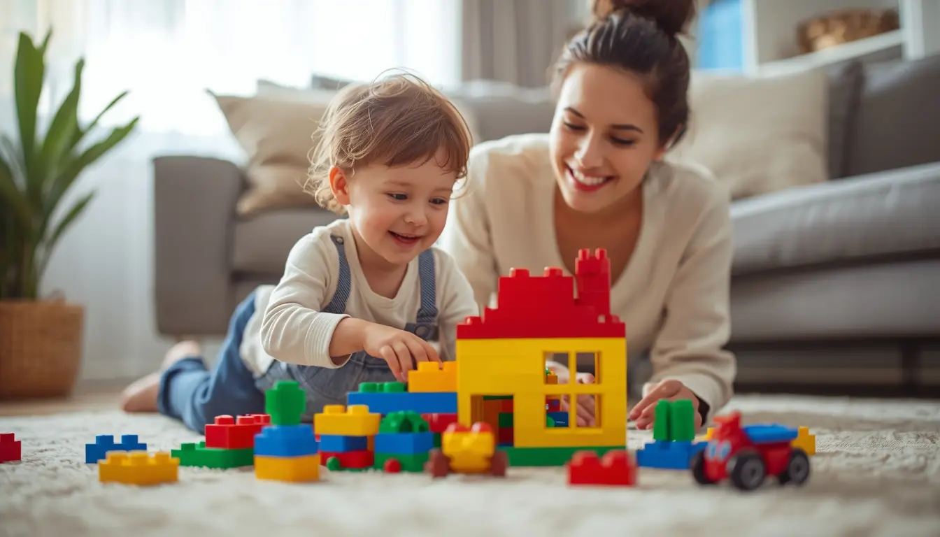 Crianças brincando com blocos de montar LEGO DUPLO sob a supervisão da mãe