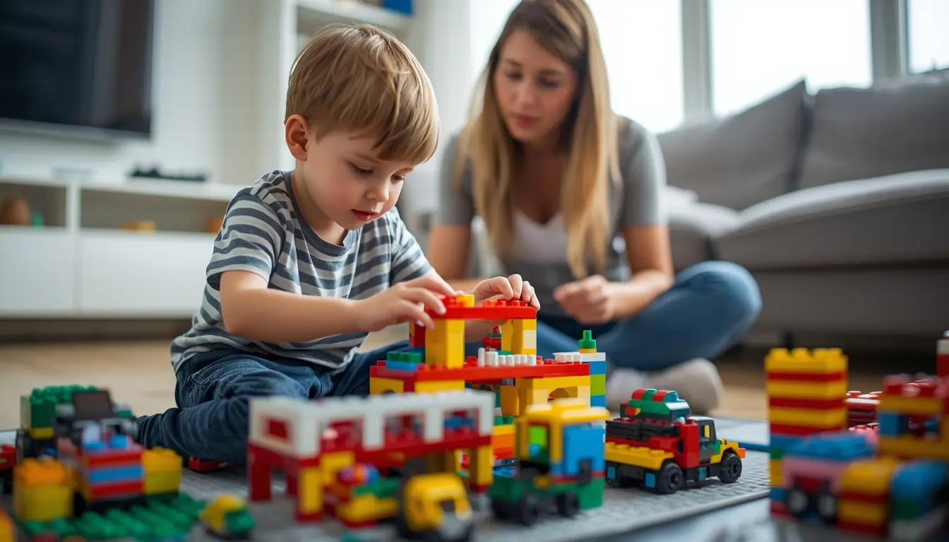 Criança brincando com blocos de montar LEGO sob a supervisão da mãe