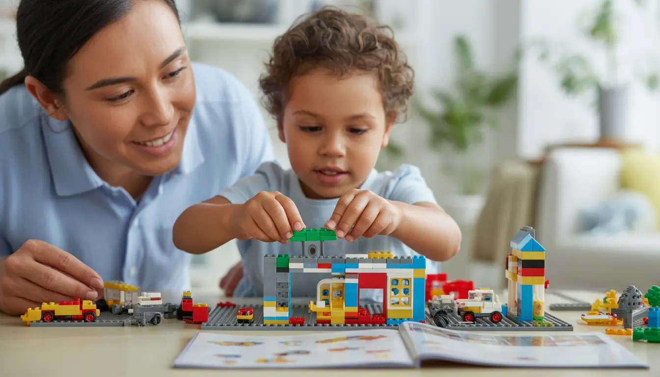Criança brincando com blocos de montar LEGO sob a supervisão da mãe
