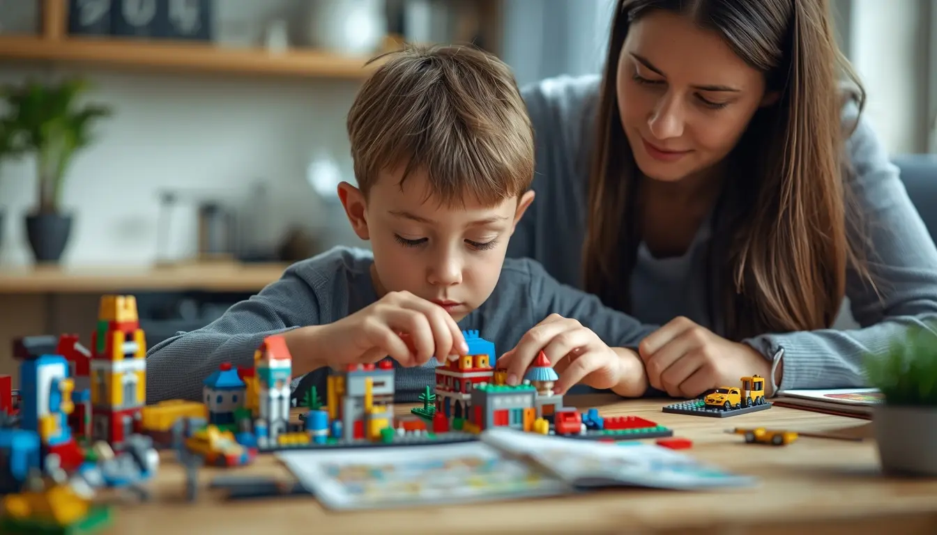 Criança brincando com blocos de montar LEGO sob a supervisão da mãe