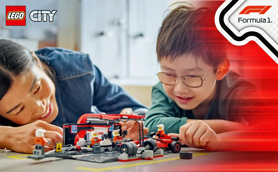 LEGO City Formula 1 Pit Stop e Equipe de Box de F1 com Carro da Ferrari 60443