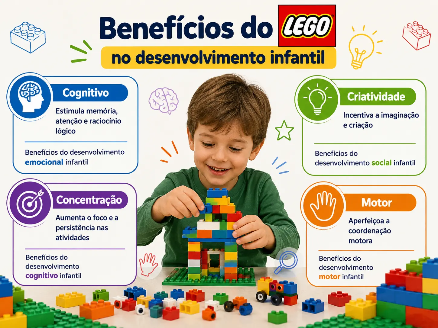 Menino brincando e desenvolvendo suas capacidades com blocos de montar LEGO.